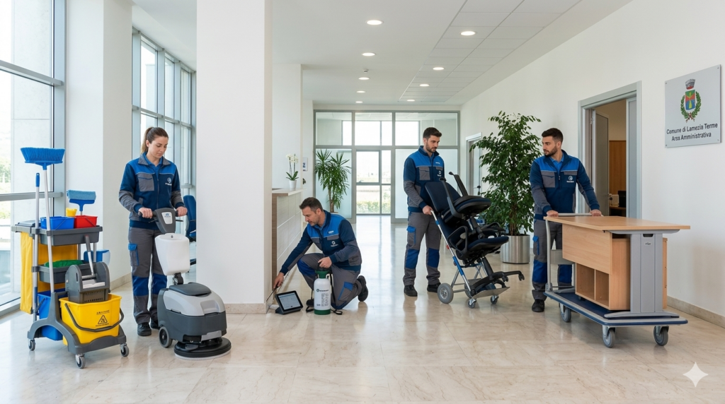 Squadra di operatori FacilityGO al lavoro in un edificio pubblico con attrezzature per pulizie, derattizzazione e facchinaggio