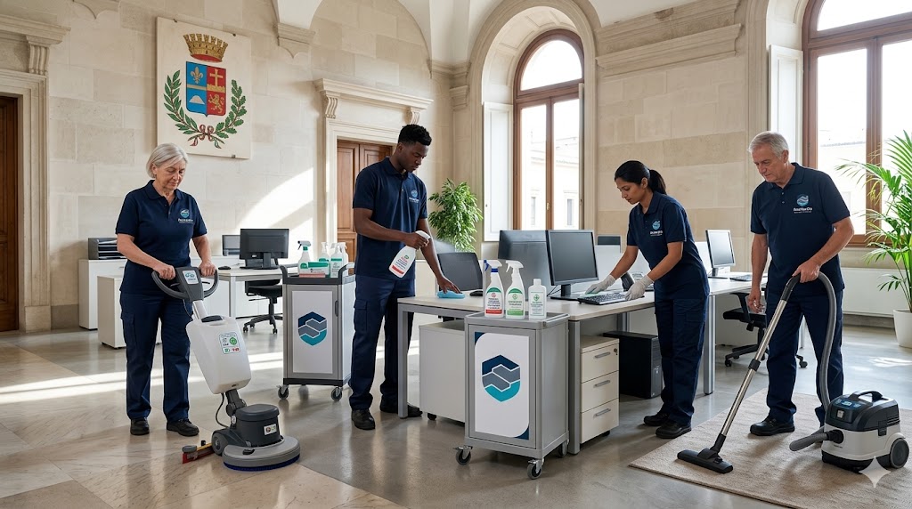 Team FacilityGO con certificazione completa D.M. 274/1997 durante servizio di pulizia e sanificazione in edificio pubblico Calabria