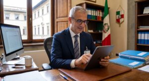 Funzionario della pubblica amministrazione controlla checklist facility management